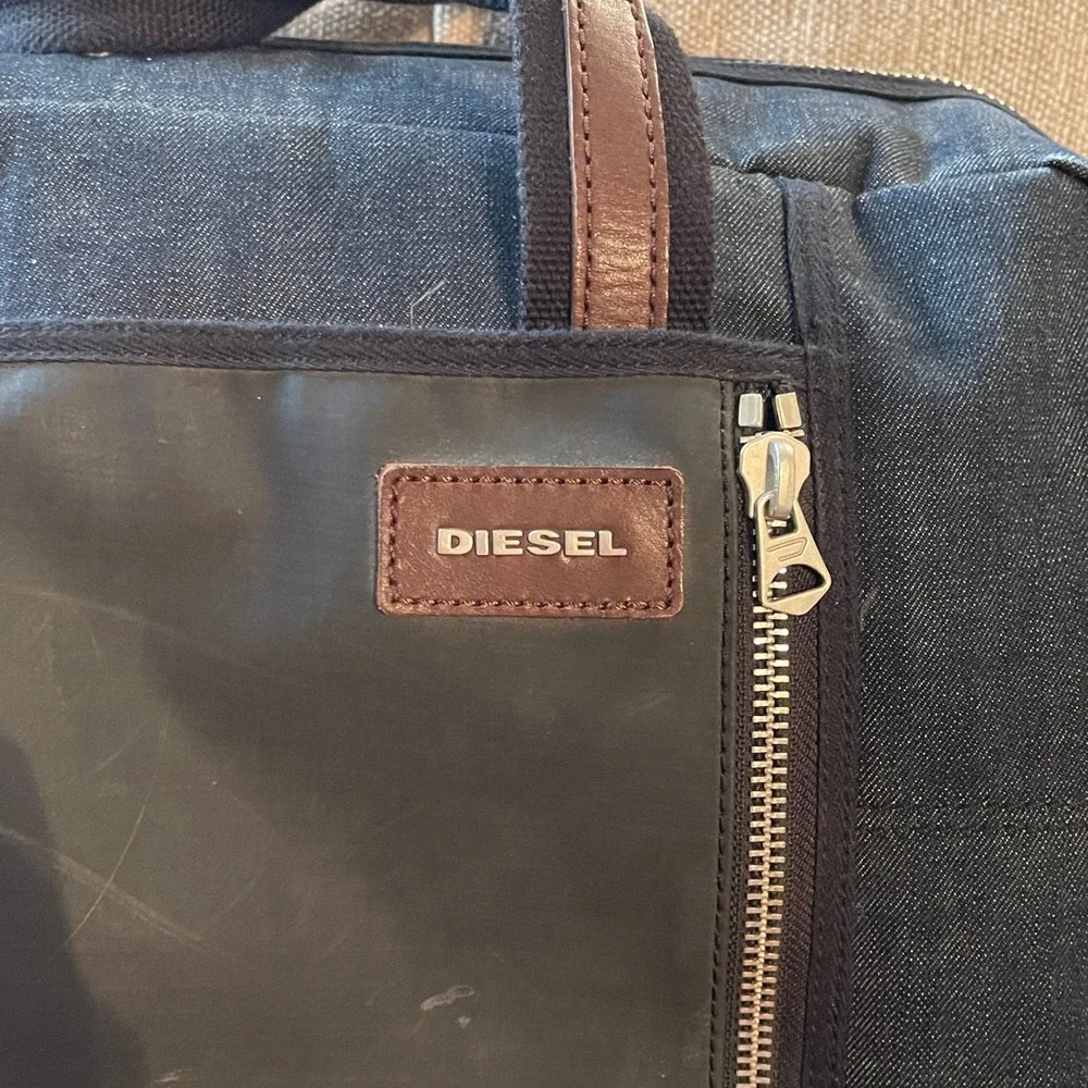 Diesel Duffle Bag Denim Coated Canvas Large Weekender Travel Bag Black Blue